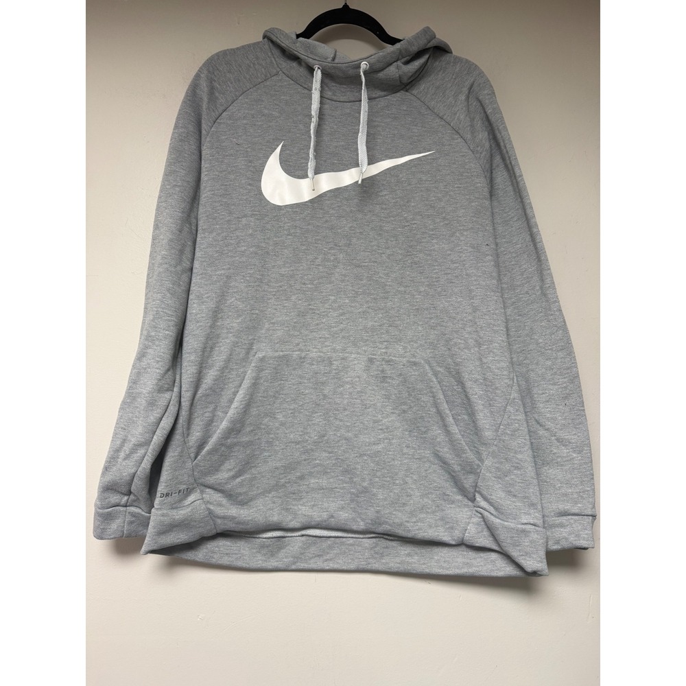 Nike Dri-FIT Hoodie Pullover Sweatshirt Gray XL Big Swoosh Activewear Mens